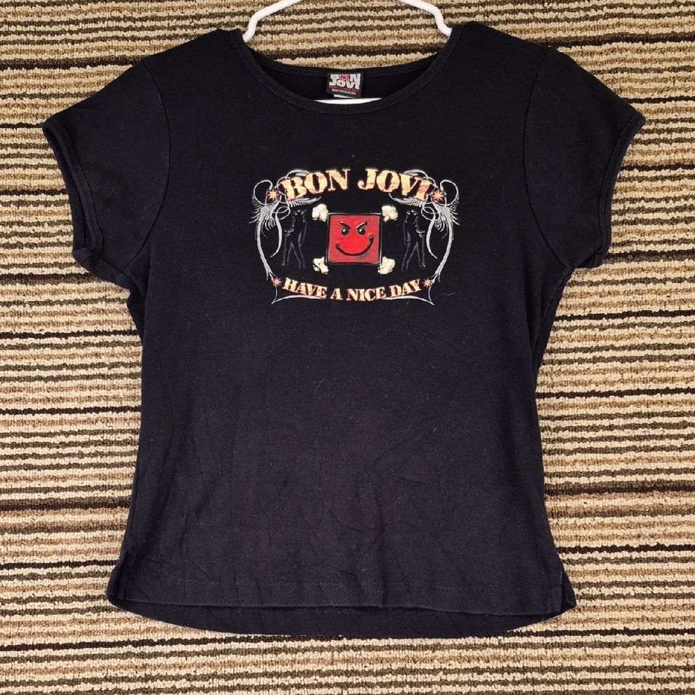 BON JOVI Rock Band Black Red Sz XL Womens Crop Tight Fit T-Shirt Top